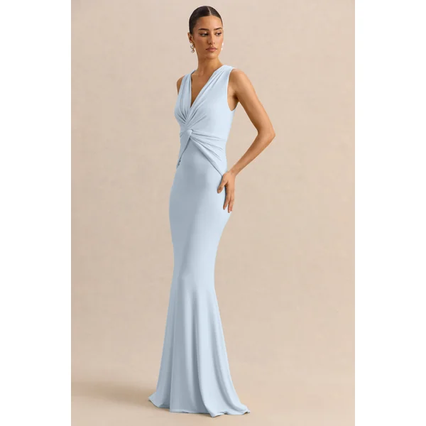 Holly | Robe longue bleu poudré à décolleté plongeant avec détail torsadé