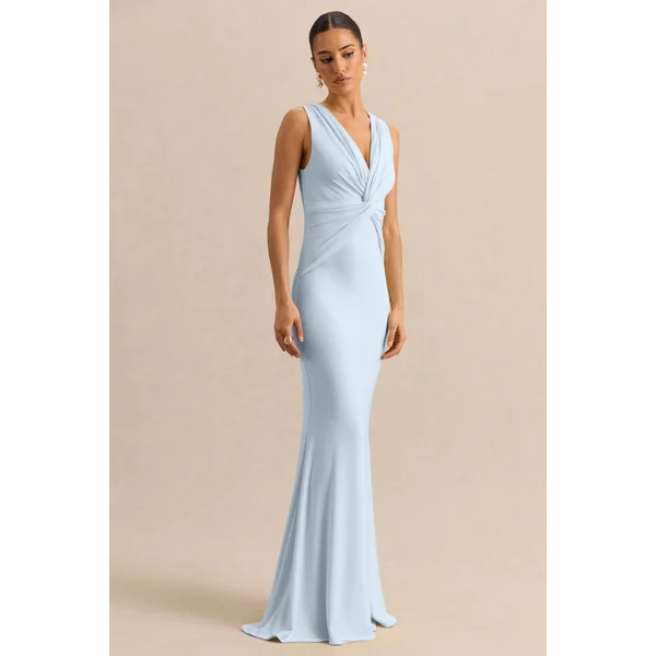 Holly | Robe longue bleu poudré à décolleté plongeant avec détail torsadé