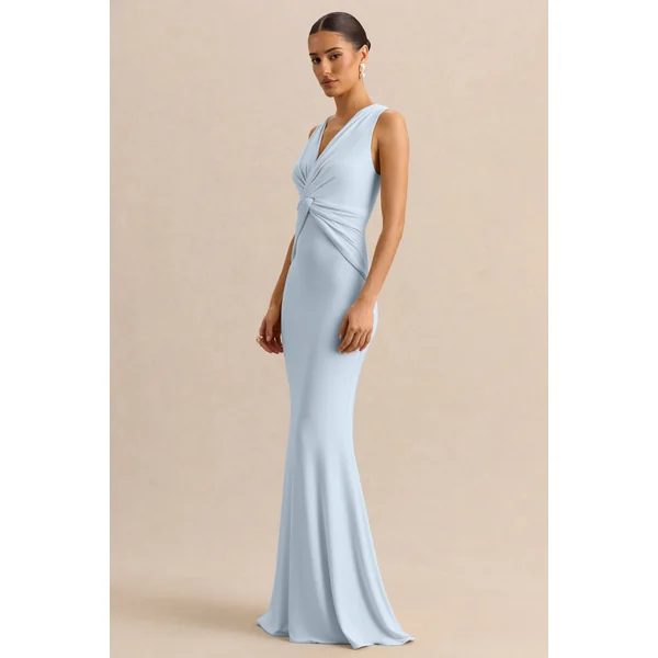 Holly | Robe longue bleu poudré à décolleté plongeant avec détail torsadé
