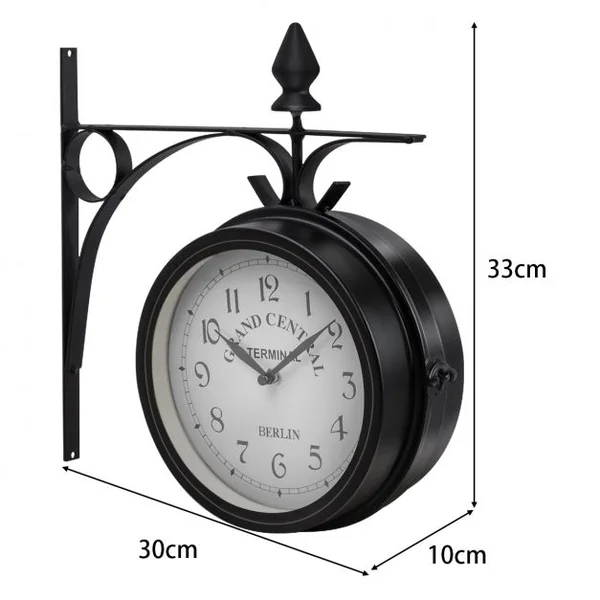 Horloge de gare Pendule murale rétro en métal Cadran double face Silencieuse, pour intérieur extérieur, 30x10x33cm, Noir