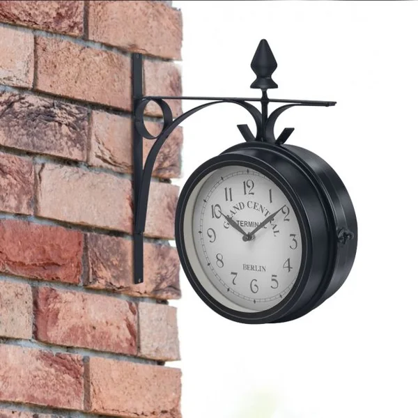 Horloge de gare Pendule murale rétro en métal Cadran double face Silencieuse, pour intérieur extérieur, 30x10x33cm, Noir