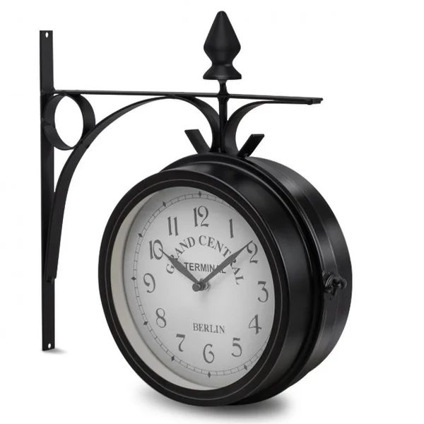 Horloge de gare Pendule murale rétro en métal Cadran double face Silencieuse, pour intérieur extérieur, 30x10x33cm, Noir