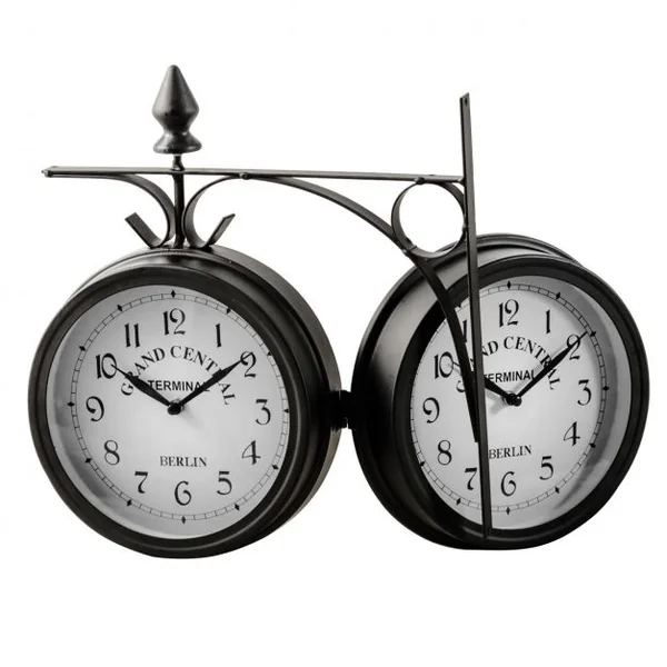 Horloge de gare Pendule murale rétro en métal Cadran double face Silencieuse, pour intérieur extérieur, 30x10x33cm, Noir