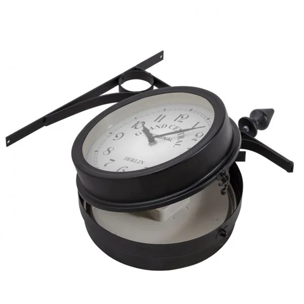 Horloge de gare Pendule murale rétro en métal Cadran double face Silencieuse, pour intérieur extérieur, 30x10x33cm, Noir