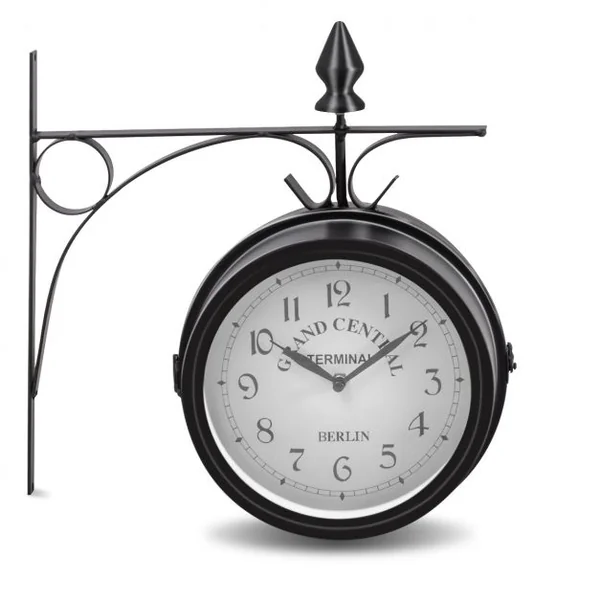 Horloge de gare Pendule murale rétro en métal Cadran double face Silencieuse, pour intérieur extérieur, 30x10x33cm, Noir