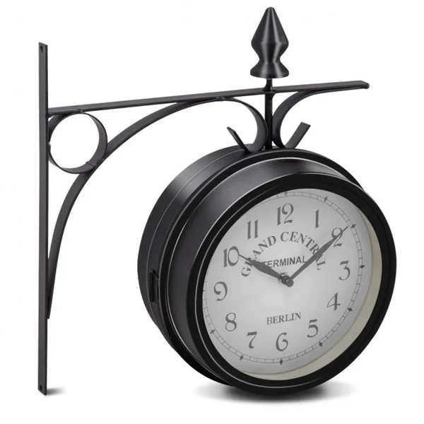 Horloge de gare Pendule murale rétro en métal Cadran double face Silencieuse, pour intérieur extérieur, 30x10x33cm, Noir