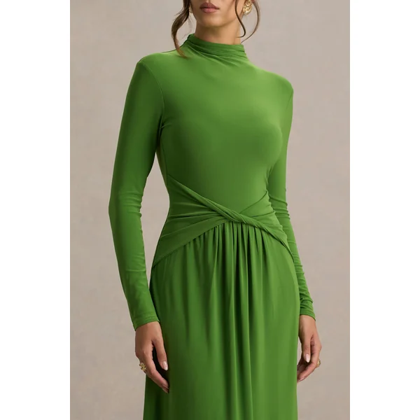 Hourglass | Robe Longue Verte à Manches Longues Avec Détail Noué et Fente
