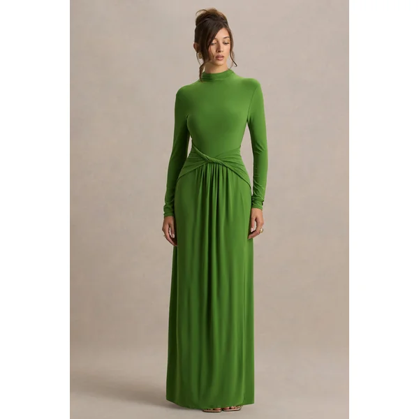Hourglass | Robe Longue Verte à Manches Longues Avec Détail Noué et Fente