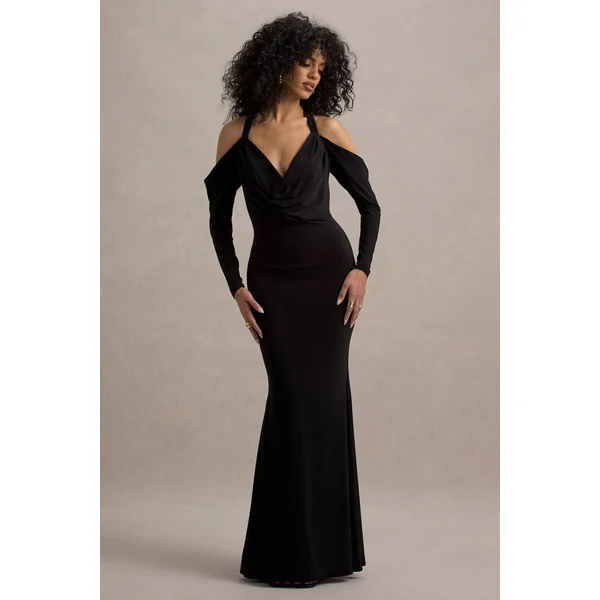 Hurghada | Robe longue noire à décolleté plongeant et manches longues