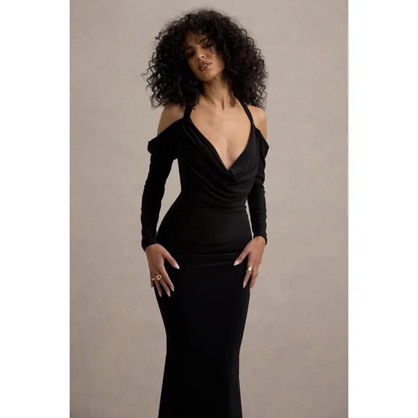 Hurghada | Robe longue noire à décolleté plongeant et manches longues