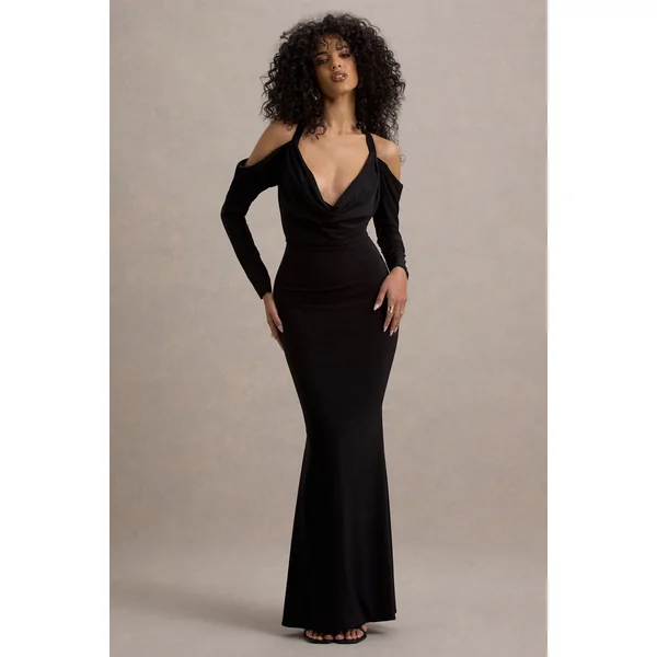 Hurghada | Robe longue noire à décolleté plongeant et manches longues
