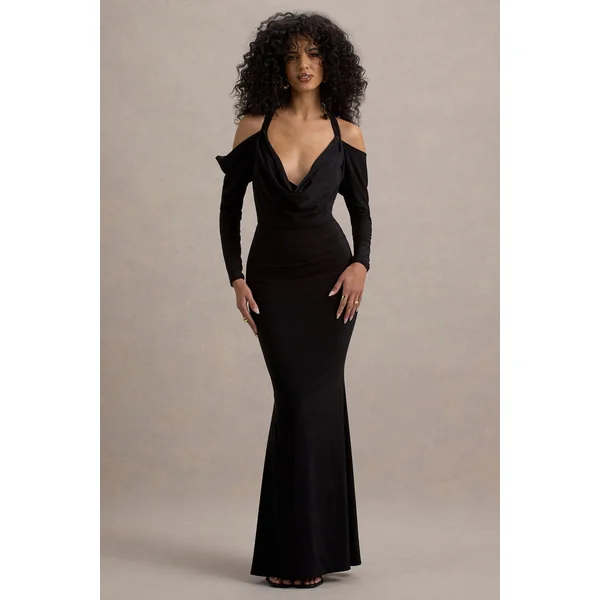 Hurghada | Robe longue noire à décolleté plongeant et manches longues