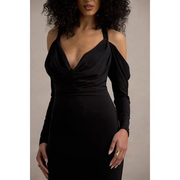 Hurghada | Robe longue noire à décolleté plongeant et manches longues