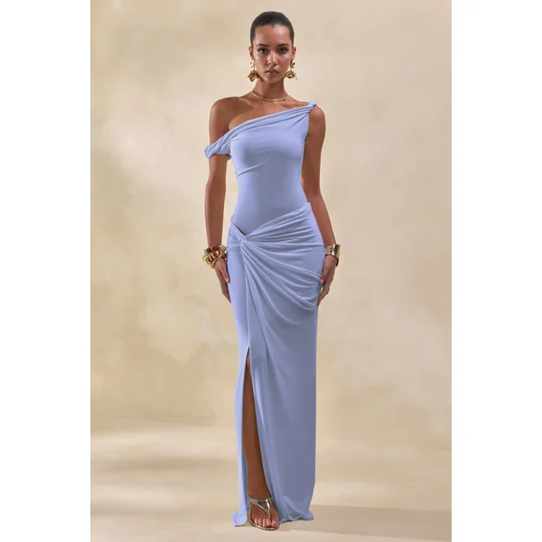 Idris | Jupe longue bleue à taille torsadée avec fente avant