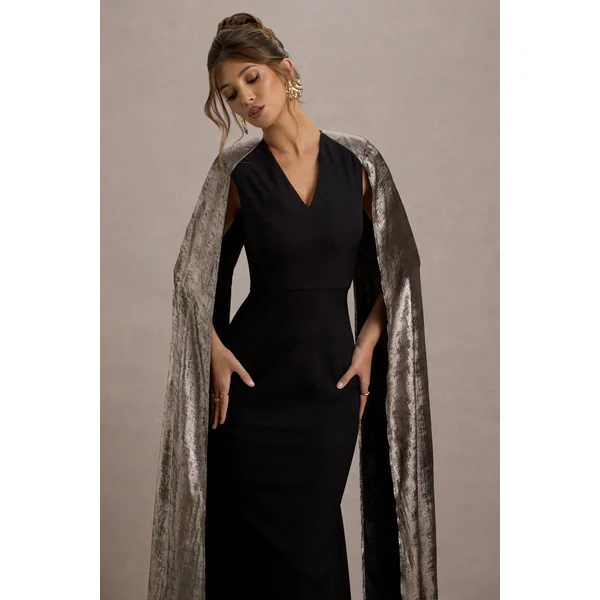 Ilenia | Robe longue noire à décolleté en V avec cape métallique