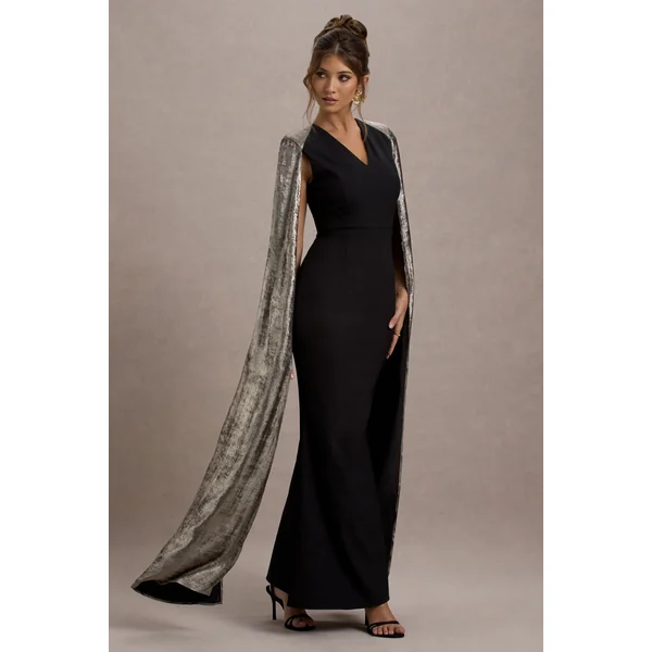 Ilenia | Robe longue noire à décolleté en V avec cape métallique