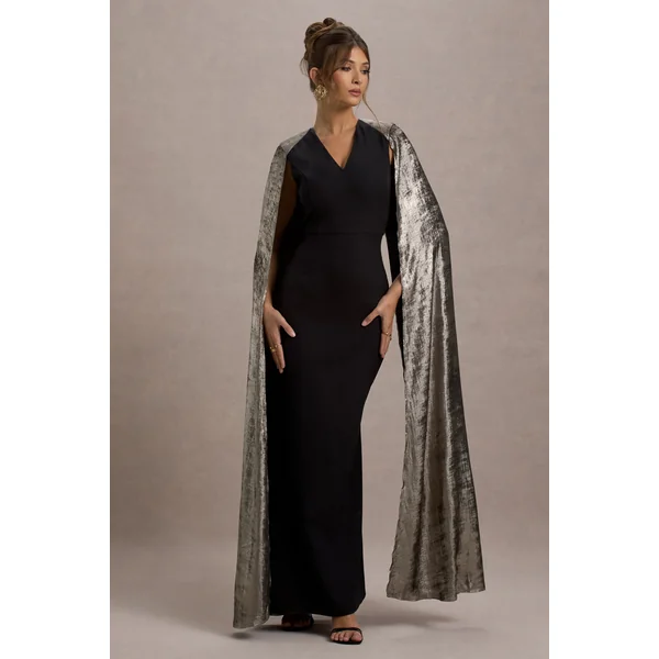 Ilenia | Robe longue noire à décolleté en V avec cape métallique