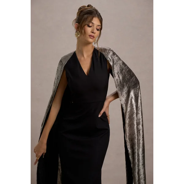 Ilenia | Robe longue noire à décolleté en V avec cape métallique