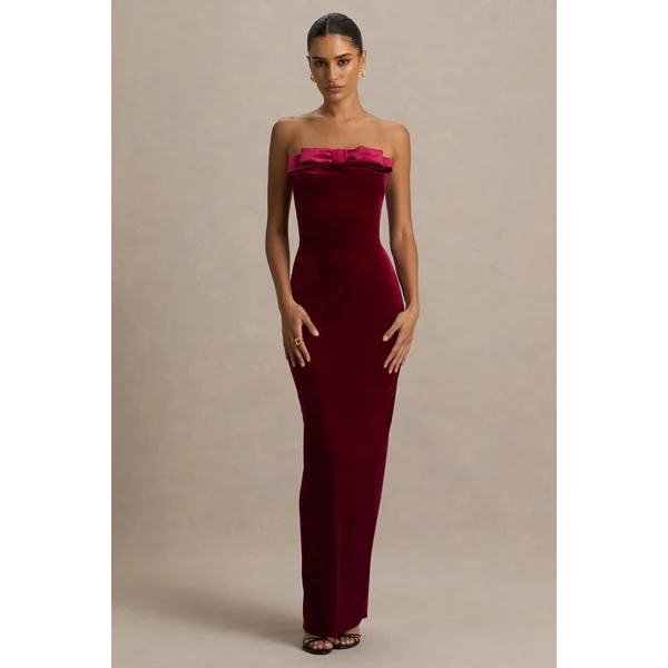 Illusion | Robe longue en velours bordeaux à décolleté bandeau avec détail nœud