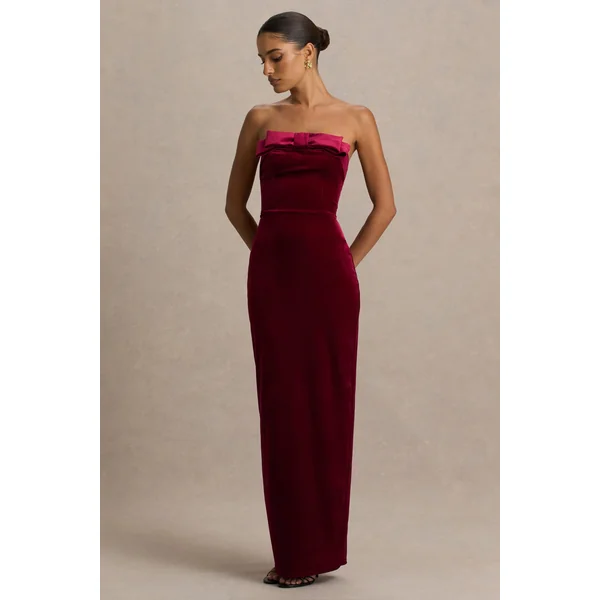 Illusion | Robe longue en velours bordeaux à décolleté bandeau avec détail nœud