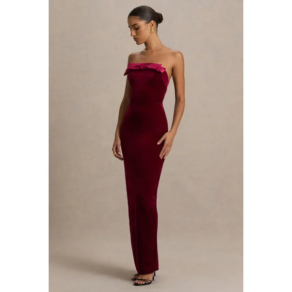 Illusion | Robe longue en velours bordeaux à décolleté bandeau avec détail nœud