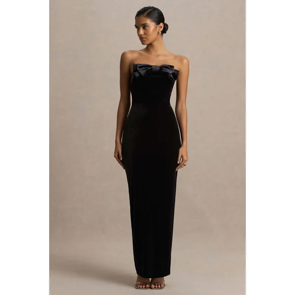 Illusion | Robe longue en velours noir à encolure bandeau avec nœud décoratif