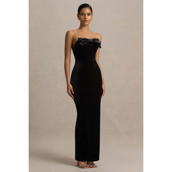 Illusion | Robe longue en velours noir à encolure bandeau avec nœud décoratif