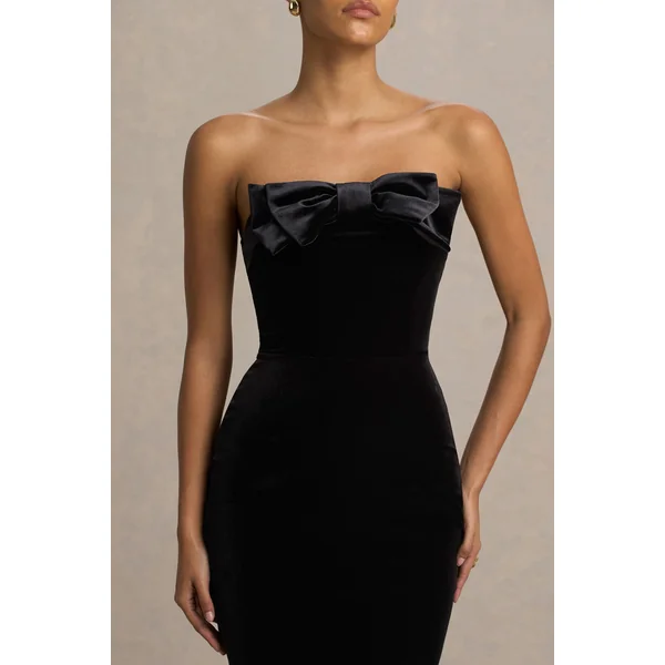 Illusion | Robe longue en velours noir à encolure bandeau avec nœud décoratif