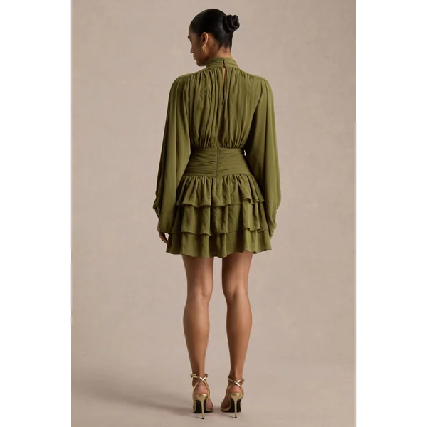 Imma | Mini-robe olive à col montant avec détails volantés