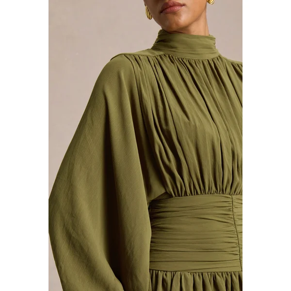 Imma | Mini-robe olive à col montant avec détails volantés