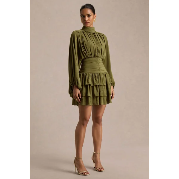 Imma | Mini-robe olive à col montant avec détails volantés
