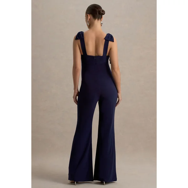 Impeccable | Combinaison de maternité bleu marine à encolure cœur et bretelles nœud