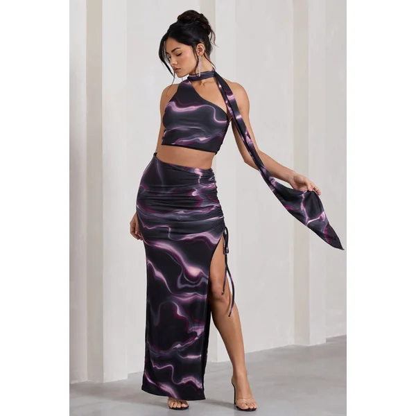 In The Air | Jupe longue noire taille haute froncée et asymétrique