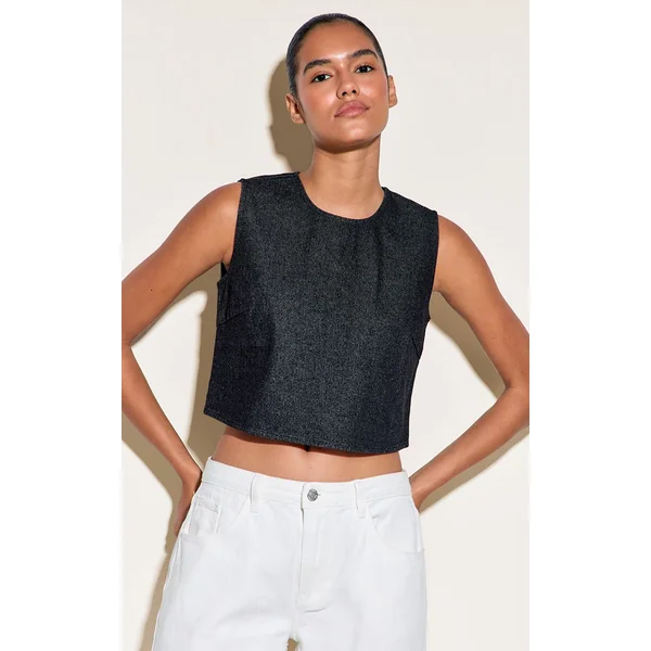 Indigo Brut Délavé Haut En Denim Boxy À Col Rond