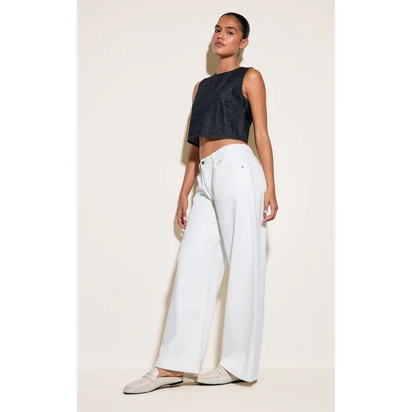 Indigo Brut Délavé Haut En Denim Boxy À Col Rond