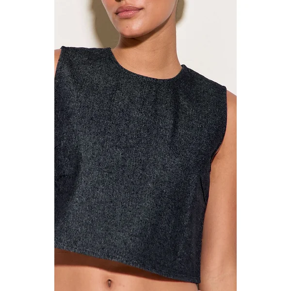 Indigo Brut Délavé Haut En Denim Boxy À Col Rond
