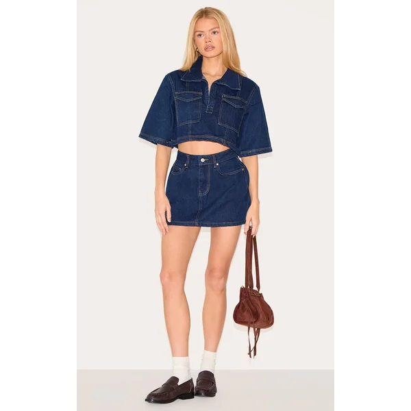 Indigo Chemise En Denim Raccourcie À Coutures Contrastées