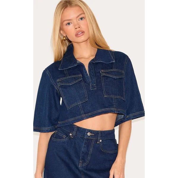 Indigo Chemise En Denim Raccourcie À Coutures Contrastées
