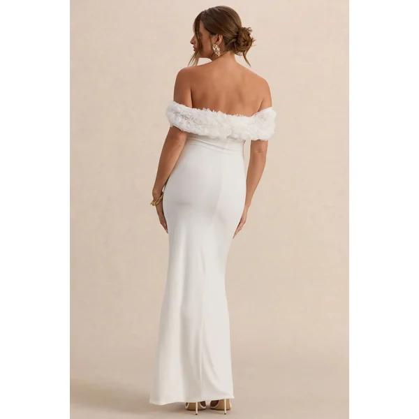 Inflorescence | Robe longue de maternité encolure bardot à fleurs en maille blanche