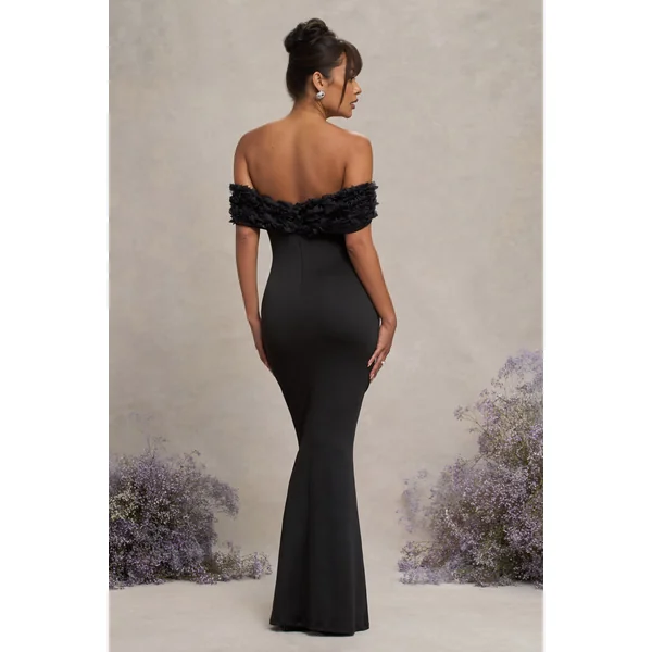Inflorescence | Robe longue de maternité encolure bardot à fleurs en maille noire