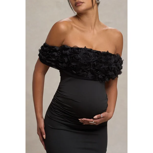 Inflorescence | Robe longue de maternité encolure bardot à fleurs en maille noire