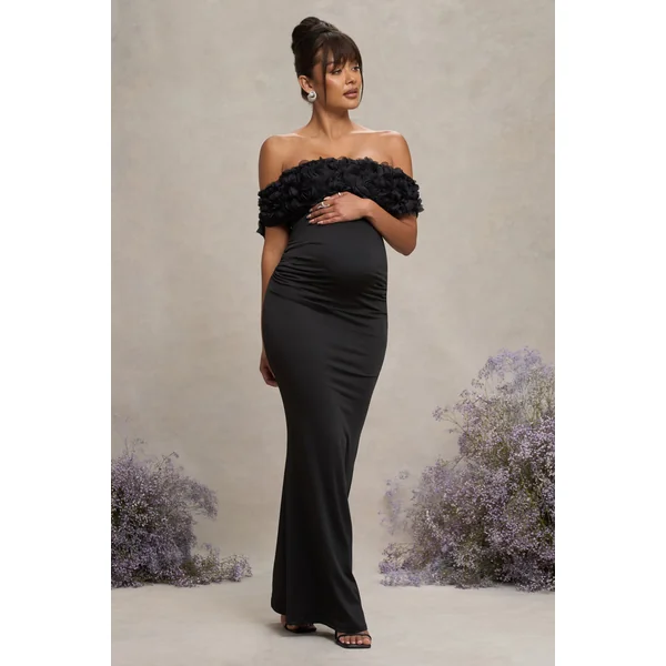 Inflorescence | Robe longue de maternité encolure bardot à fleurs en maille noire