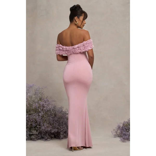 Inflorescence | Robe longue de maternité encolure bardot à fleurs en maille rose poudré