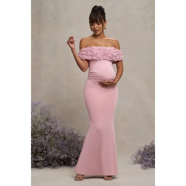 Inflorescence | Robe longue de maternité encolure bardot à fleurs en maille rose poudré
