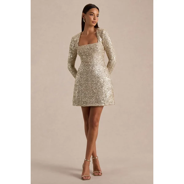 Invite | Mini-robe en sequins dorés à décolleté carré