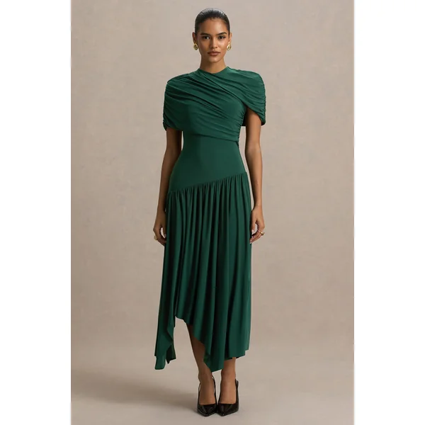 Ione | Robe longue bleu canard portefeuille avec ourlet en pointes