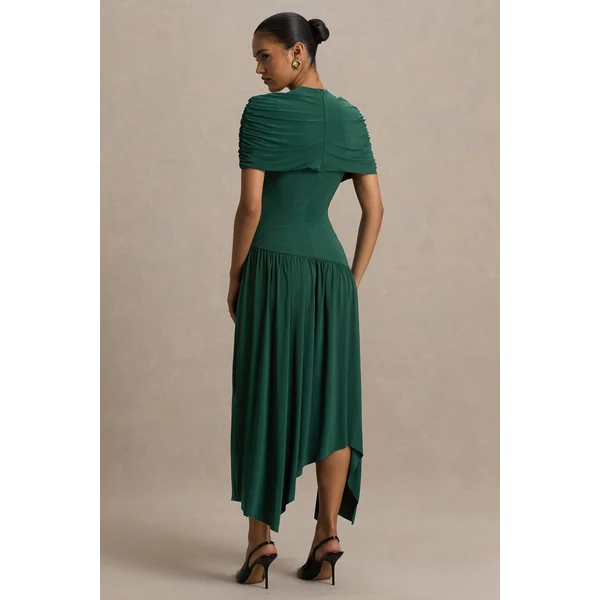 Ione | Robe longue bleu canard portefeuille avec ourlet en pointes