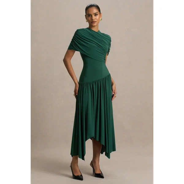 Ione | Robe longue bleu canard portefeuille avec ourlet en pointes