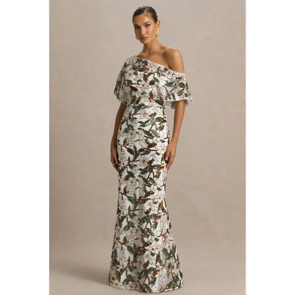Iony | Robe longue blanche et verte asymétrique à encolure ornée de sequins en tulle et à motif floral