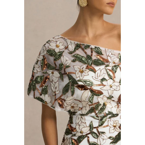 Iony | Robe longue blanche et verte asymétrique à encolure ornée de sequins en tulle et à motif floral
